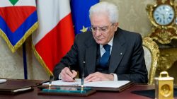Italian President Sergio Mattarella signs a decree to dissolve parliament at the Quirinale Presidential palace in Rome, Italy,
