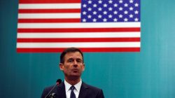 David Hale, U.S. Ambassador to Pakistan, speaks at the Pakistan Stock Exchange in Karachi, Pakistan, July 26, 2016.