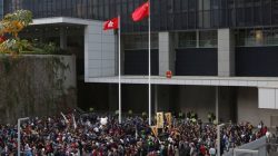 Pro-democracy protesters gather inside civic square, reopened for the first time since Occupy Central movement in 2014, at the government headquarters in Hong Kong, China January 1, 2018.