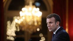 French President Emmanuel Macron delivers his New Year wishes to the members of the press corps at the Elysee Palace in Paris, France, January 3, 2018.