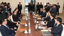 South and North Korean delegations attend their meeting at the truce village of Panmunjom in the demilitarised zone separating the two Koreas, South Korea, January 9, 2018.