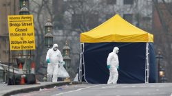 Police officers and forensics investigators and police officers work on Westminster Bridge the morning after an attack by a man driving a car and weilding a knife left five people dead and dozens injured, in London, Britain, March 23, 2017.