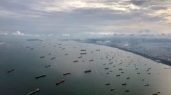 A bird's-eye view of ships along the coast in Singapore July 9, 2017.