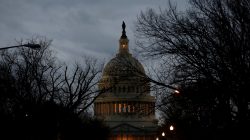 The U.S. Capitol is lit during the second day of a shutdown of the federal government in Washington, U.S., January 21, 2018.