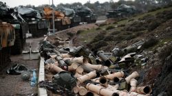Empty shells are seen next to Turkish army tanks on the Turkish-Syrian border in Hatay province, Turkey January 23, 2018.