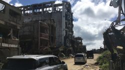 A view of the facade, of the battered Landbank building, looted by militants, in the early days of the Marawi siege, Philippines January 13, 2018.