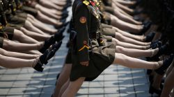 North Korean soldiers march during a military parade marking the 105th birth anniversary of the country's founding father Kim Il Sung in Pyongyang, North Korea.