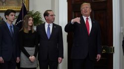 U.S. President Donald Trump speaks while participating in the swearing-in ceremony for the Secretary of the Department of Health and Human Services (HHS) Alex Azar at the White House in Washington, U.S., January 29, 2018.
