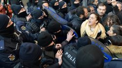 Demonstrators scuffle with riot police during a protest against detention of the head of the Turkish Medical Association (TTB) and 10 other leaders of theÊdoctors' union, in Ankara, Turkey January 30, 2018.