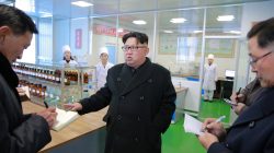North Korean leader Kim Jong Un gives field guidance at the Pyongyang Pharmaceutical Factory, in this undated photo released by North Korea's Korean Central News Agency (KCNA) in Pyongyang January 25, 2018.