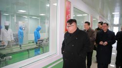 North Korean leader Kim Jong Un gives field guidance at the Pyongyang Pharmaceutical Factory, in this undated photo released by North Korea's Korean Central News Agency (KCNA) in Pyongyang January 25, 2018.