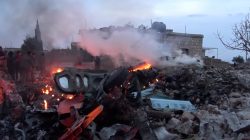 The scene shows, what according to Syrian rebels were fires caused by Russian military plane shot down by rebel forces near Idlib, Syria, reportedly on February 3, 2018 in this still image obtained from social media via
