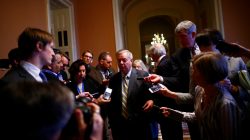 U.S. Sen. Lindsay Graham speaks to reporters outside the Senate chamber on Capitol Hill in Washington, U.S. February 7, 2018.