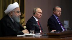 Iran's President Hassan Rouhani together with his counterparts, Russia's Vladimir Putin and Turkey's Tayyip Erdogan, attend a joint news conference following their meeting in Sochi, Russia November 22, 2017.