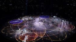 General view of performers during the opening ceremony.