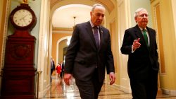 U.S. Senate Minority Leader Chuck Schumer (D-NY) and U.S. Senate Majority Leader Mitch McConnell (R-KY) walk to the Senate chamber on Capitol Hill in Washington, D.C., U.S., February 7, 2018.