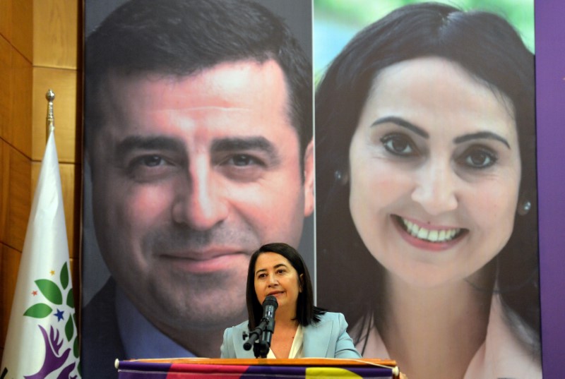 Serpil Kemalbay, newly elected co-chairwoman of the Pro-Kurdish Peoples' Democratic Party (HDP), speaks during her party's extraordinary congress in Ankara, Turkey, May 20, 2017.