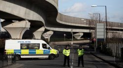 Police officers stand by a cordon at the entrance to London City Airport, in London, Britain February 12, 2018