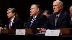 Federal Bureau of Investigation (FBI) Director Christopher Wray, Central Intelligence Agency (CIA) Director Mike Pompeo, and Director of National Intelligence (DNI) Dan Coats wait to testify before the Senate Intelligence Committee on Capitol Hill in Washington, U.S., February 13, 2018. REUTERS/Aaron P. Bernstein