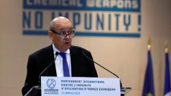 French Foreign Affairs Minister Jean-Yves Le Drian delivers a speech during a foreign ministers’ meeting on the International Partnership against Impunity for the Use of Chemical Weapons, in Paris, France, January 23, 2018. REUTERS/Philippe Wojazer