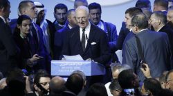 United Nations Special Envoy for Syria Staffan de Mistura speaks to attendees after a session of the Syrian Congress of National Dialogue in the Black Sea resort of Sochi, Russia January 30, 2018. REUTERS/Sergei Karpukhin