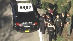 A man placed in handcuffs is led by police near Marjory Stoneman Douglas High School following a shooting incident in Parkland, Florida, U.S. February 14, 2018 in a still image taken from a video. WSVN.com via REUTERS