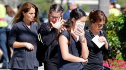 Mourners leave the funeral for Alyssa Aldaheff, 14, one of the victims of the school shooting, in North Fort Lauderdale, Florida, February 16, 2018. REUTERS/Joe Skipper