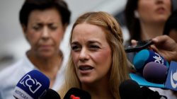 Lilian Tintori, wife of opposition leader Leopoldo Lopez, makes declarations to the media after casting her vote during a nationwide election for new governors in Caracas, Venezuela, October 15, 2017. REUTERS/Carlos Garcia Rawlins