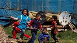 Syrian refugee children run in a tented settlement in the town of Qab Elias, in Lebanon's Bekaa Valley, March 13, 2018. REUTERS/Mohamed Azakir