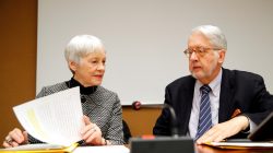 Paulo Pinheiro, Chairperson of the Commission of Inquiry on Syria (R), arrives with Karen Abuzayd, member of the Commission before the launch of their report on sexual and gender-based violence in Syria at the United Nations office in Geneva, Switzerland March 15, 2018. REUTERS/Denis Balibouse