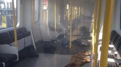 The explosive device, left by Ahmed Hassan, can be seen still smoking on the underground train at Parsons Green tube station in London, Britain. Metropolitian Police/Handout via