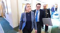 Norway's Justice Minister Sylvi Listhaug and her political adviser Espen Teigen are seen in the Norwegian parlament after several parties supported a motion of no-confidence against her in Oslo, Norway March 15, 2018. NTB Scanpix/Gorm Kallestad via REUTERS