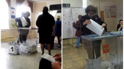 Ludmila Sklyarevskaya, who denied voting multiple times, casting a ballot at polling station number 215 (L) and casting a ballot at polling station number 216, in Ust-Djeguta. REUTERS/Staff