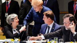 Britain's Prime Minister Theresa May, Lithuania's President Dalia Grybauskaite, Slovenia's Prime Minister Miro Cerar and Spain's Prime Minister Mariano Rajoy attend a European Union leaders summit in Brussels, Belgium, March 23, 2018. Geert Vanden Wijngaert/Pool via Reuters