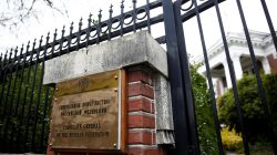 FILE PHOTO: A sign at the gated entrance of the Consulate General of the Russian Federation in Seattle, Washington, U.S., March 26, 2018. REUTERS/Lindsey Wasson/File Photo