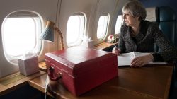 Britain's Prime Minister Theresa May flies to Cardiff after visiting Scotland and Northern Ireland during a tour of the four nations of the United Kingdom exactly a year before it leaves the European Union, March 29, 2018. REUTERS/Stefan Rousseau/Pool