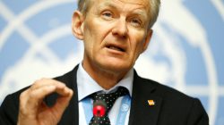 Special Advisor to the United Nations Special Envoy for Syria, Jan Egeland, adresses the media during a news conference in Geneva, Switzerland, April 4, 2018. REUTERS/Pierre Albouy