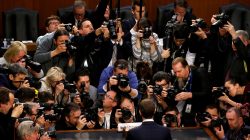 Facebook CEO Mark Zuckerberg is surrounded by members of the media as he arrives to testify before a Senate Judiciary and Commerce Committees joint hearing regarding the company’s use and protection of user data, on Capitol Hill in Washington, U.S., April 10, 2018. REUTERS/Leah Milli