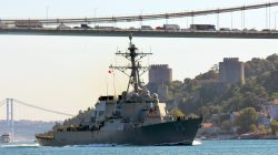 FILE PHOTO - The U.S. Navy Arleigh Burke-class guided-missile destroyer USS Donald Cook sails in the Bosphorus strait in Istanbul, Turkey August 28, 2015. REUTERS/Yoruk I