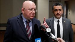 Russian Ambassador to the United Nations Vassily Nebenzia (L) and Bolivia's Ambassador to the United Nations Sacha Sergio Llorenty Soliz speak to the media outside Security Council chambers at the U.N. headquarters in New York, U.S., April 12, 2018. REUTERS/Shannon Stapleton