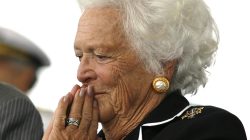 FILE PHOTO: Former first lady Barbara Bush listens to remarks during the christening ceremony of the USS George H.W. Bush at Northrop-Grumman's shipyard in Newport News, Virginia, U.S., October 7, 2006. REUTERS/Kevin Lamarque/File Photo