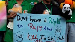 Children attend a protest against the rape of an eight-year-old girl, in Kathua, near Jammu and a teenager in Unnao, Uttar Pradesh state, in New Delhi, India April 15, 2018. REUTERS/Cathal McNaughton