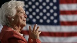 FILE PHOTO: Former U.S. first lady Barbara Bush listens to her son, President George W. Bush, as he speaks at an event on social security reform in Orlando, Florida, March 18, 2005. REUTERS/Jason Reed JIR/HB