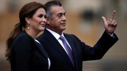 Independent presidential candidate Jaime Rodriguez and his wife Adeline Davalos gesture after arriving at Palacio de Mineria for the first presidential debate in Mexico City, Mexico April 22, 2018. REUTERS/Henry Romero