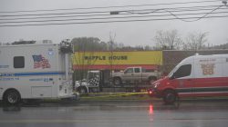The truck of Travis Reinking, the suspected shooter, is loaded on a trailer ready to be towed from the scene of a fatal shooting at a Waffle House restaurant near Nashville, Tennessee, U.S. April 22, 2018. REUTERS/Harrison McClary