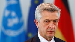 U.N. High Commissioner for Refugees Filippo Grandi adresses the media with German Chancellor Angela Merkel (not pictured) following their talks in Berlin, Germany, April 23, 2018. REUTERS/Fabrizio Bensch