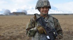 Specialist Sychelle Gonsalves of the 49th Missile Defense Battalion Military Police is pictured at the Ft. Greely missile defense complex in Fort Greely, Alaska, U.S., April 26, 2018. REUTERS/Mark Meyer