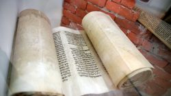 A Jewish holy scroll is seen on display at the Babylonian Jewry Heritage Center in Or Yehuda, Israel, April 16, 2018. REUTERS/Amir Cohen