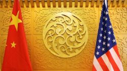 FILE PHOTO: Chinese and U.S. flags are set up for a meeting during a visit by U.S. Secretary of Transportation Elaine Chao at China's Ministry of Transport in Beijing, China April 27, 2018. REUTERS/Jason Lee