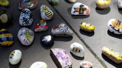 Painted stones are left in tribute in St Anne's Square on the first anniversary of the Manchester Arena bombing, in Manchester, Britain, May 22, 2017. REUTERS/Darren Staples